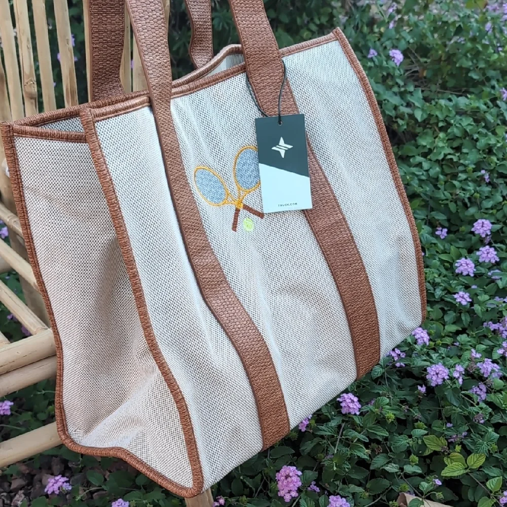 Brown and Cream Tote Bag with Tennis Racket Design